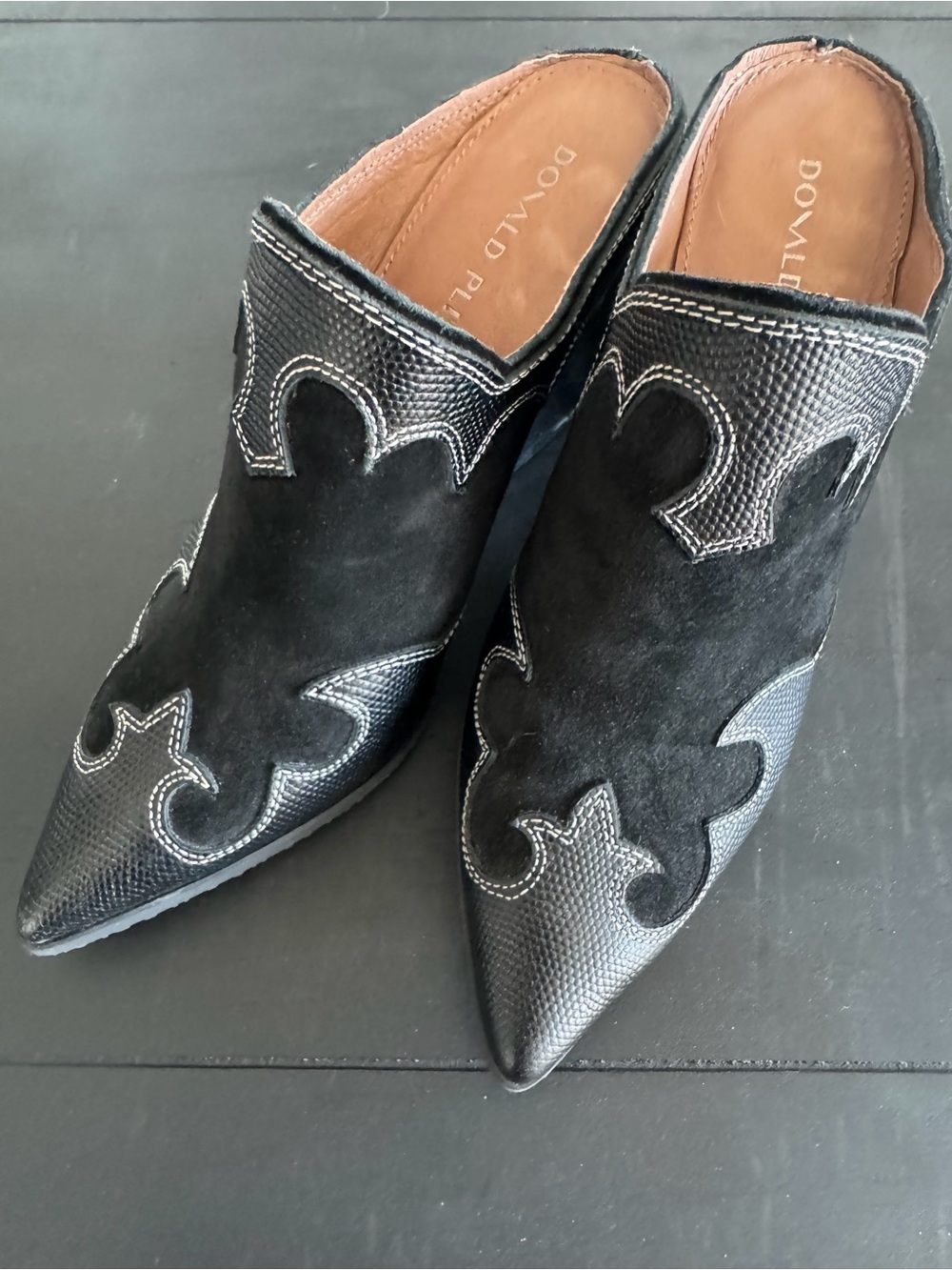 Donald J. Pliner Black Pointed Suede & Textured Leather Mule Slides